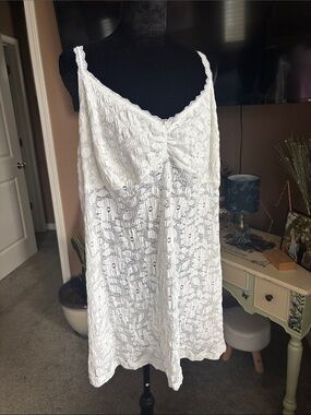 aerie White Lace Chemise Slip with Floral Crochet